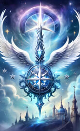 a large globe with a star in the sky above a city