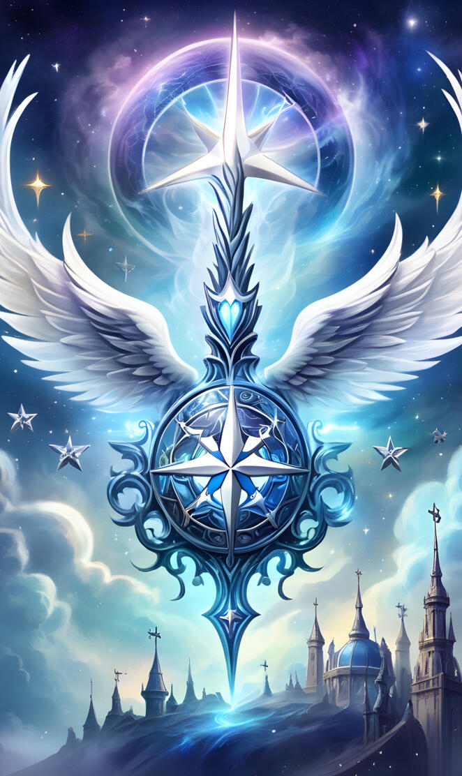 a large globe with a star in the sky above a city