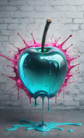 a glass globe with water and a blue object on a blue surface