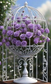 Purple roses & baby's breath in a white wrought iron globe 2025-01