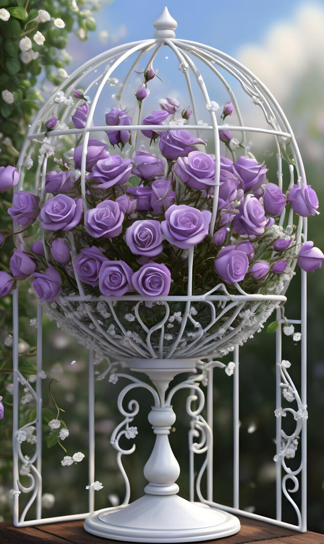 Purple roses & baby's breath in a white wrought iron globe 2025-01