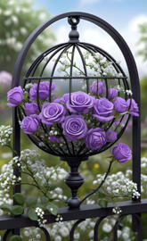 Purple roses & baby's breath in a wrought iron globe 2025-02