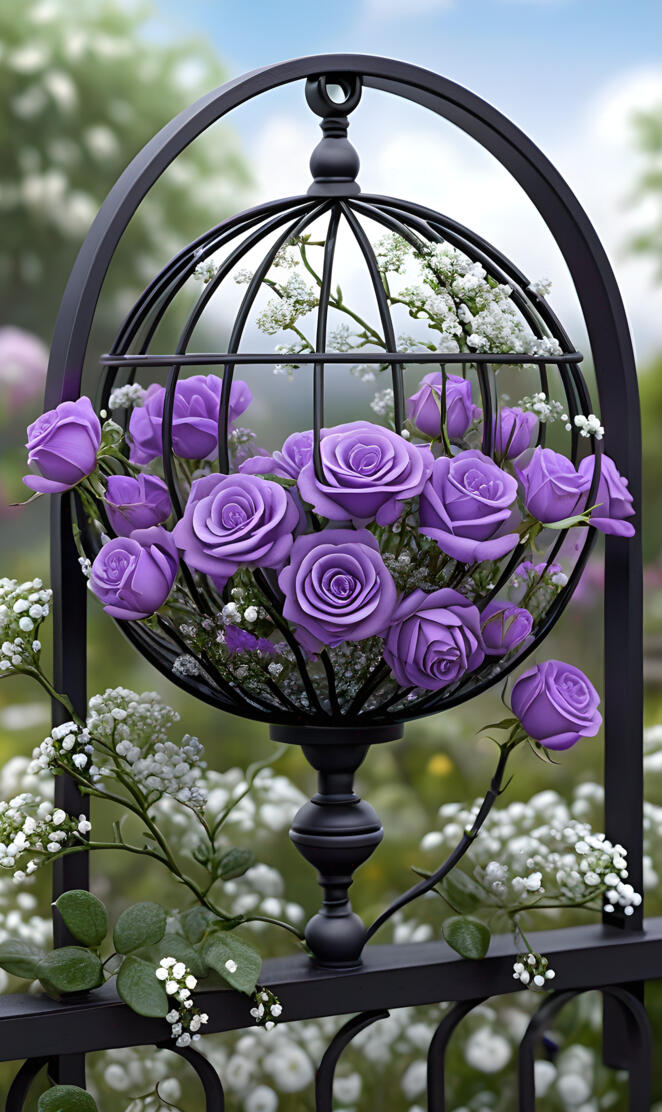 Purple roses & baby's breath in a wrought iron globe 2025-02