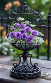 Purple roses & baby's breath in a wrought iron globe 2025-01