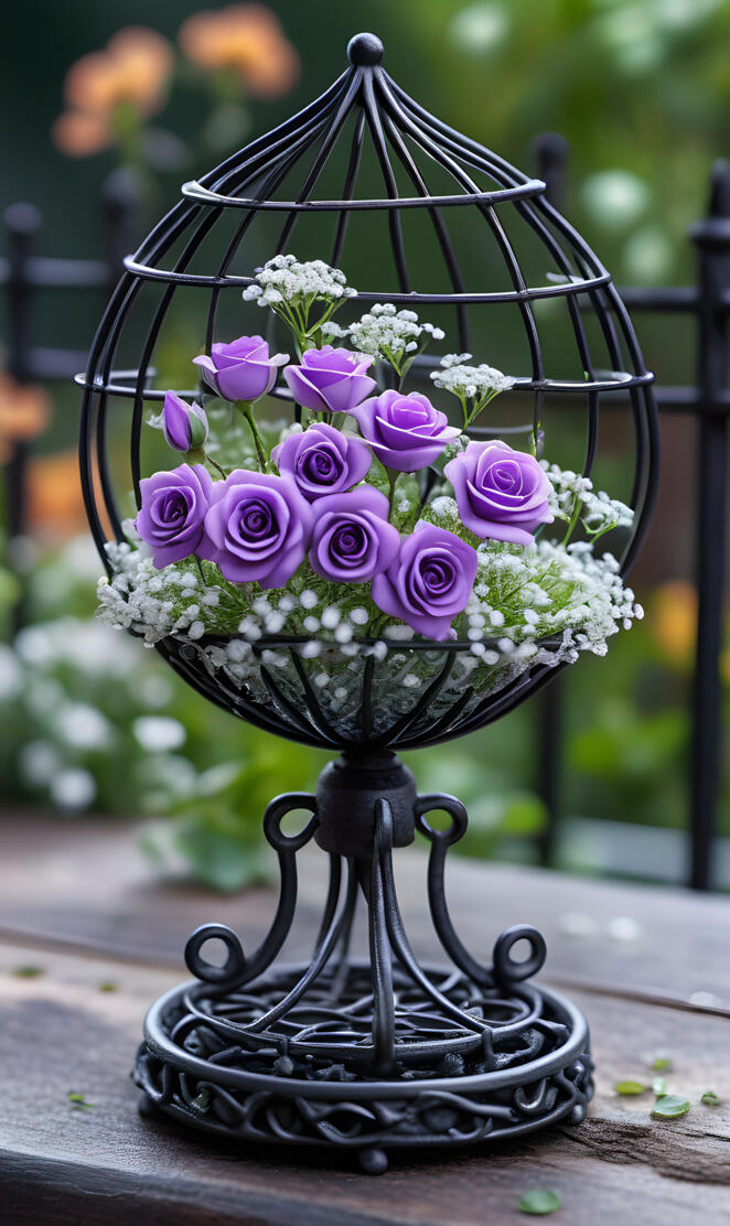 Purple roses & baby's breath in a wrought iron globe 2025-01