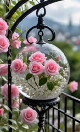 Pink roses & baby's breath in a wrought iron globe 2025-01