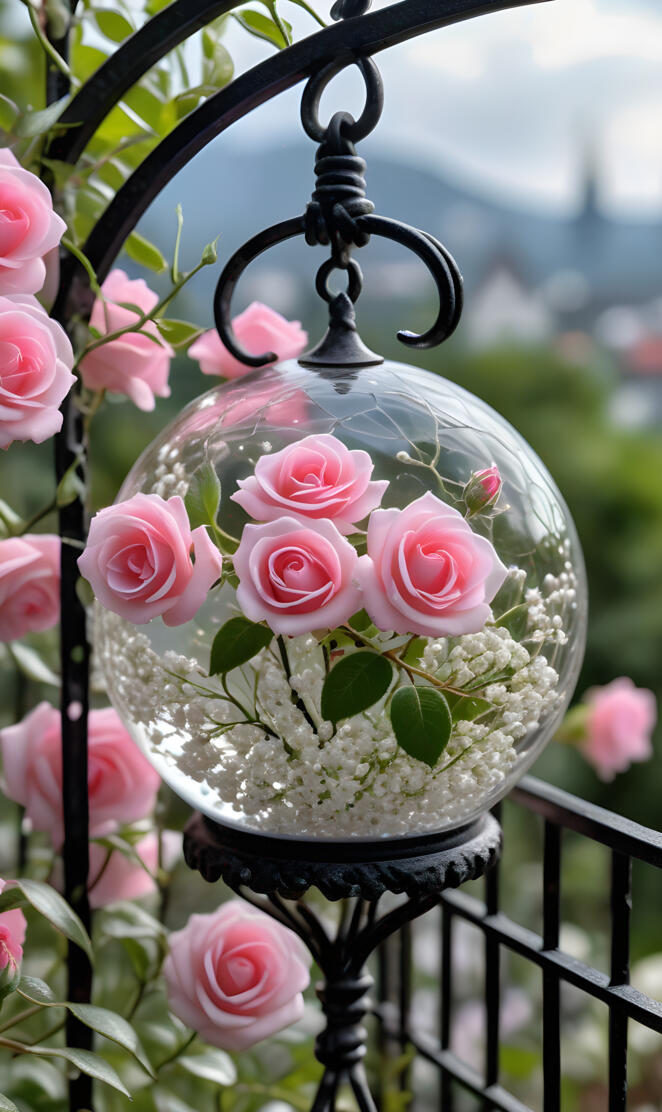 Pink roses & baby's breath in a wrought iron globe 2025-01