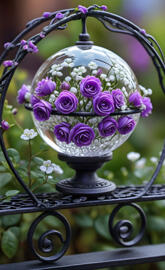Purple roses & baby's breath in a wrought iron globe 2025-02