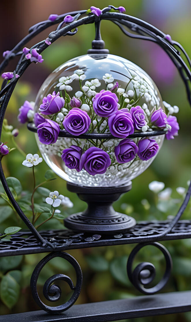 Purple roses & baby's breath in a wrought iron globe 2025-02