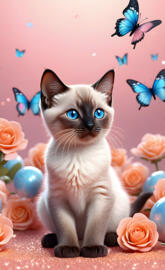 a cat sitting on a table with flowers and butterflies