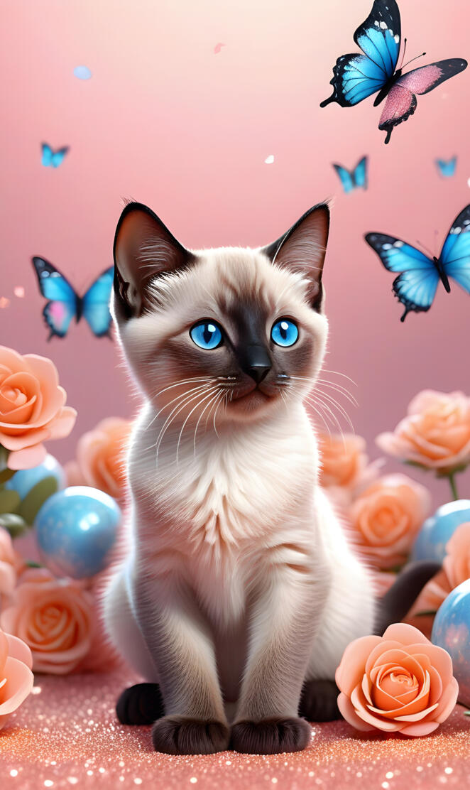 a cat sitting on a table with flowers and butterflies