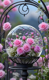 Pink roses & baby's breath in a wrought iron globe 2025-03