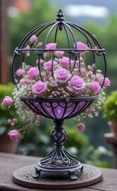 Pink roses & baby's breath in a wrought iron globe 2025-04