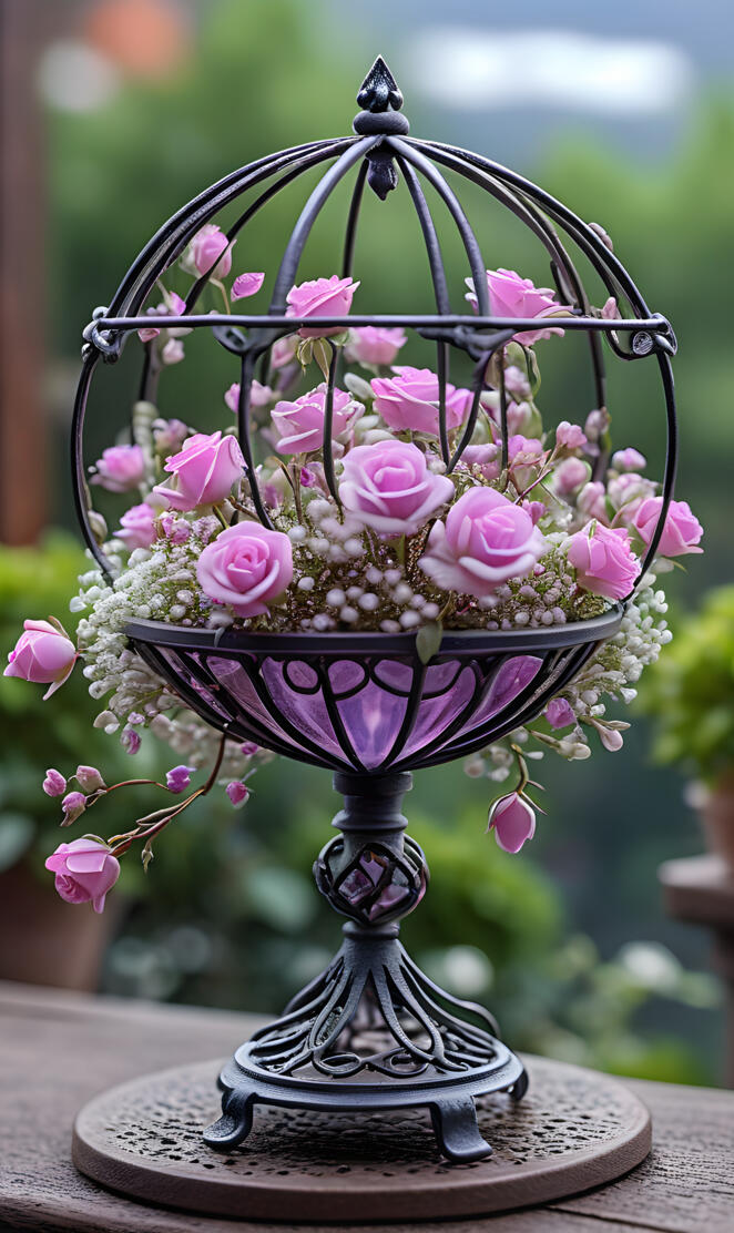 Pink roses & baby's breath in a wrought iron globe 2025-04