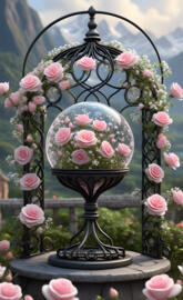 Roses in clear globe on wrought iron scroll 01. Enjoy your day 🩷🩵🙏