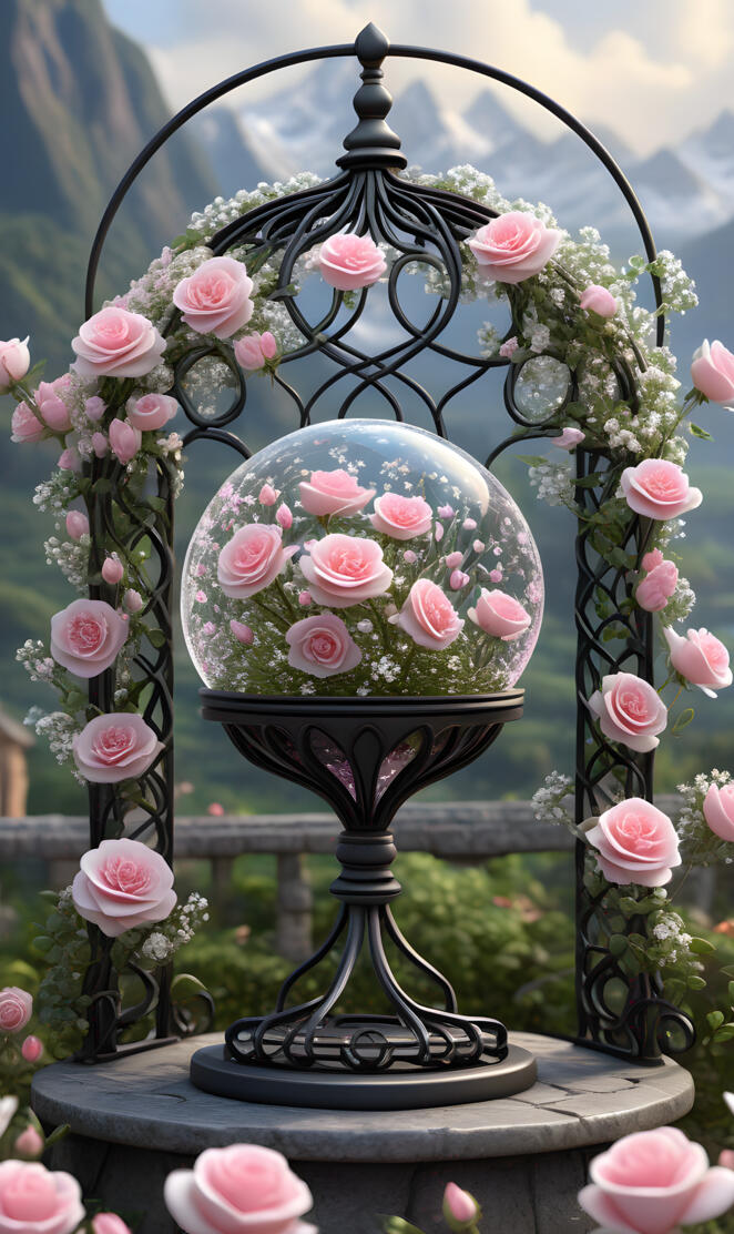 Roses in clear globe on wrought iron scroll 01. Enjoy your day 🩷🩵🙏