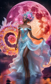 a person in a blue dress with flowers on the head