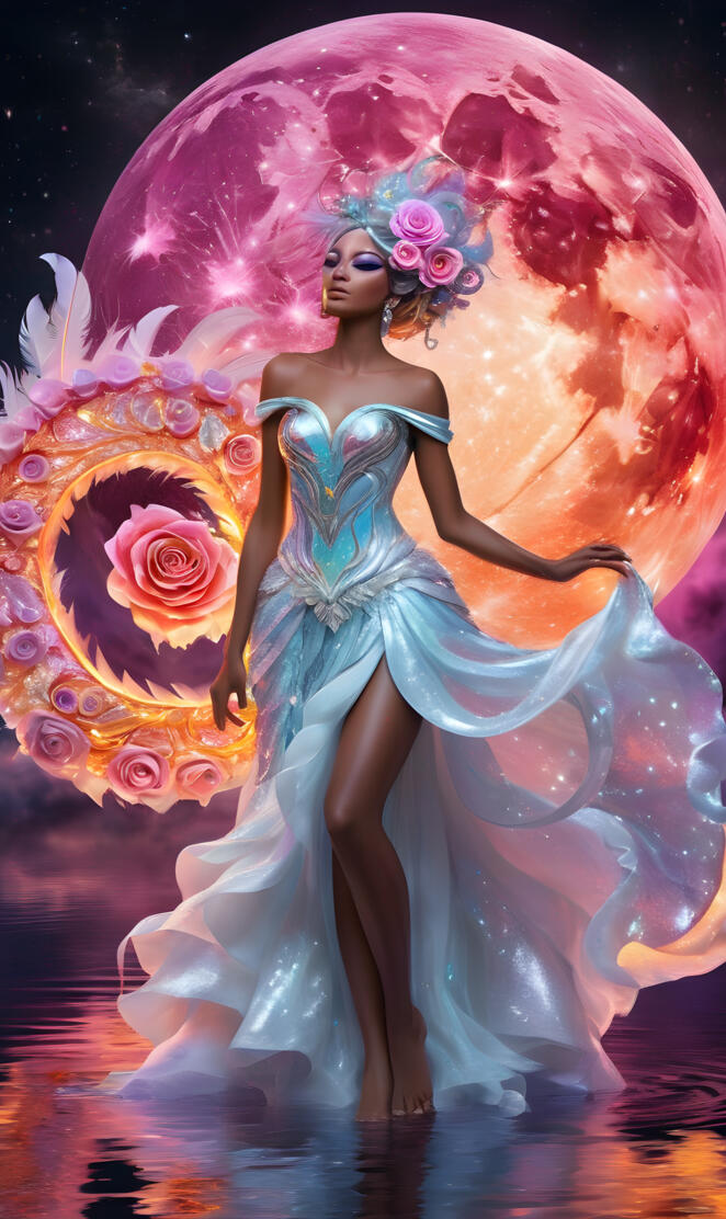 a person in a blue dress with flowers on the head