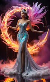 a person in a blue dress and crown with feathers in the air