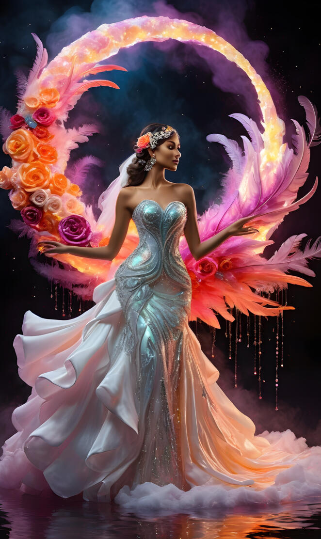 a person in a dress with a flower crown and a unicorn horn