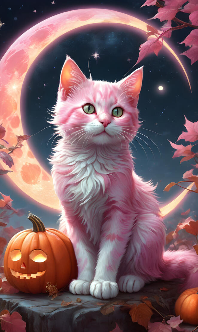 pink kitten and a crescent moon