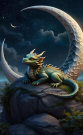 baby dragon asleep on a crescent moon