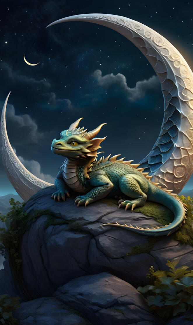 baby dragon asleep on a crescent moon