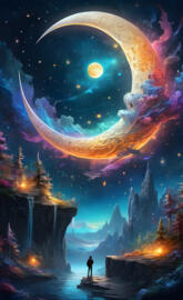 a person standing on a bridge with a large moon in the background