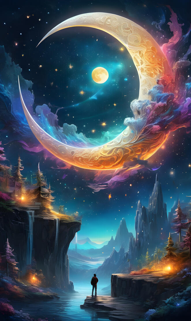 a person standing on a bridge with a large moon in the background