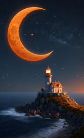 a lighthouse on a rocky cliff with the moon in the sky