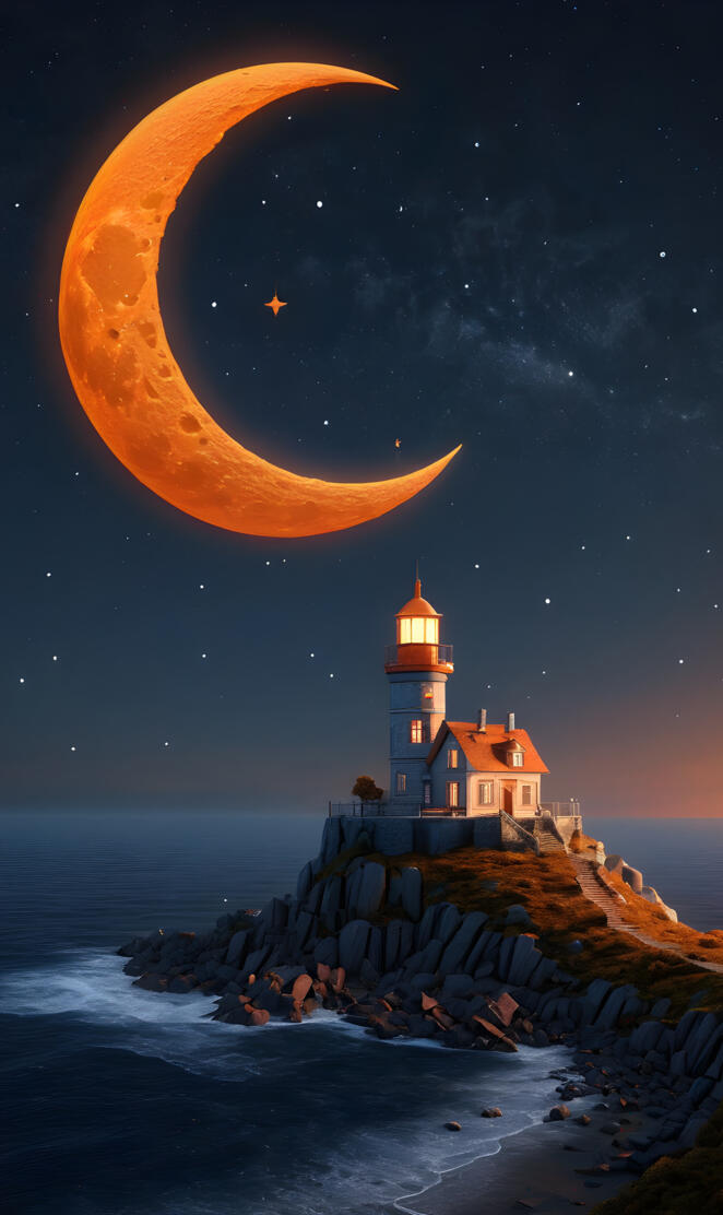 a lighthouse on a rocky cliff with the moon in the sky