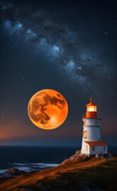 a lighthouse with the moon in the background