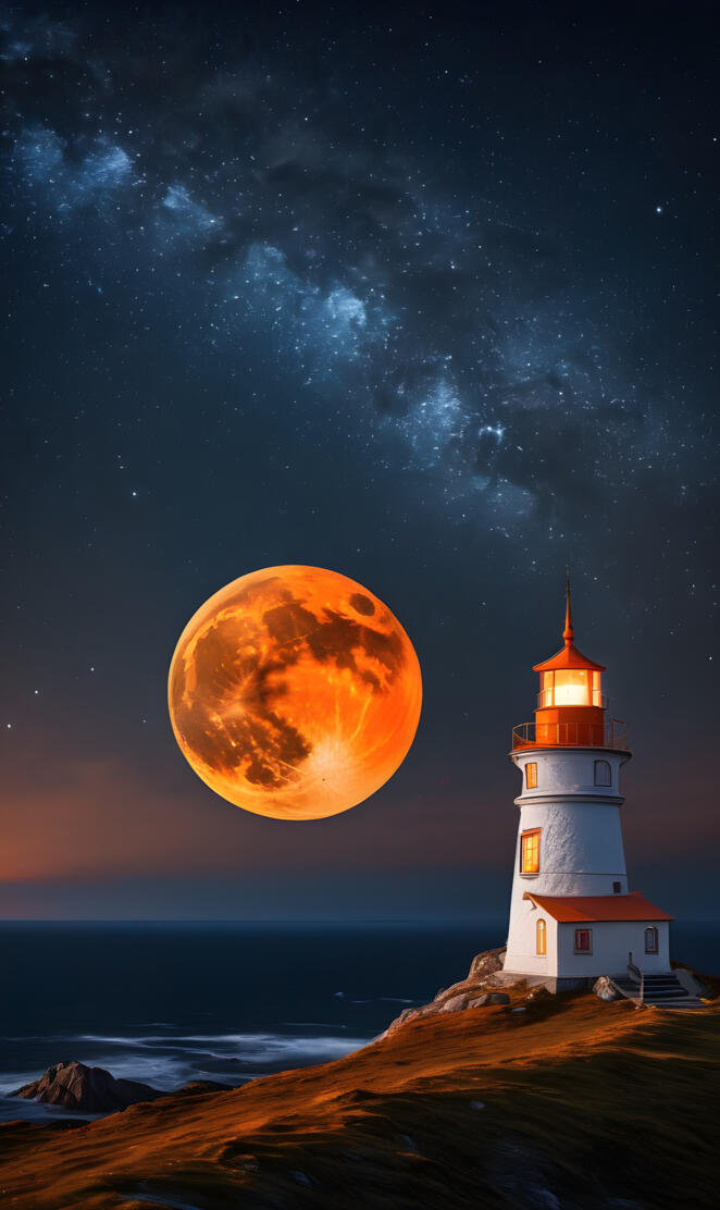 a lighthouse with the moon in the background