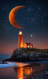 a lighthouse on a rocky shore with the moon in the sky