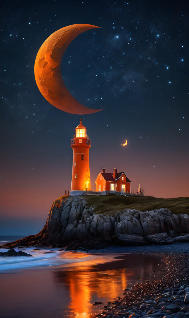 a lighthouse on a rocky shore with the moon in the sky