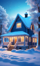 a house with a blue roof and snow on the ground