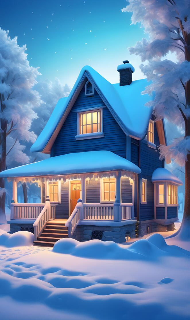 a house with a blue roof and snow on the ground