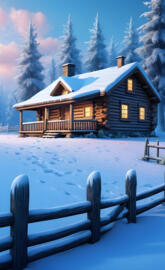 a snowy log cabin