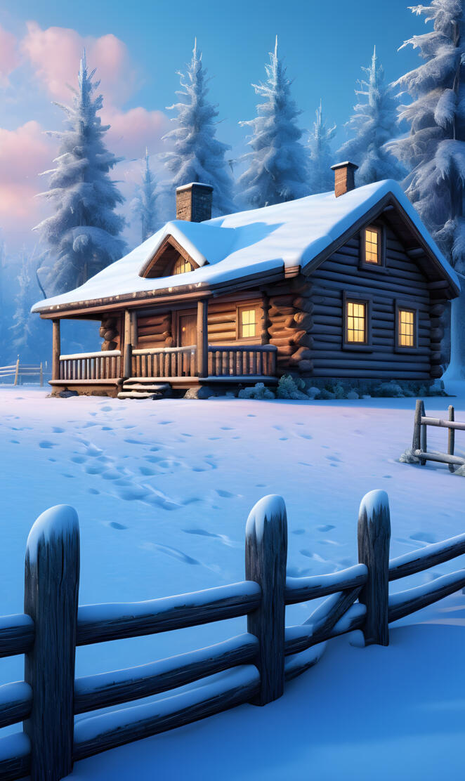 a snowy log cabin