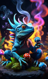 a blue lizard with a crown