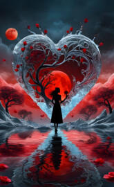 a person standing in a circle of red and white clouds