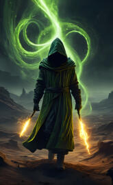 a person in a green garment with a light shining on the head