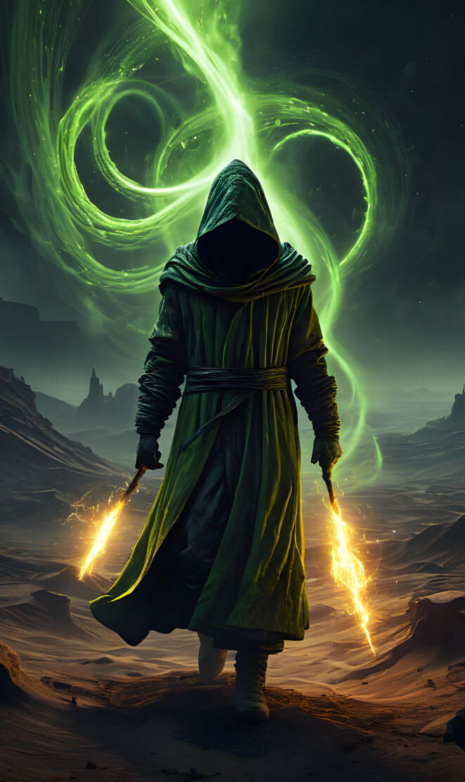 a person in a green garment with a light shining on the head