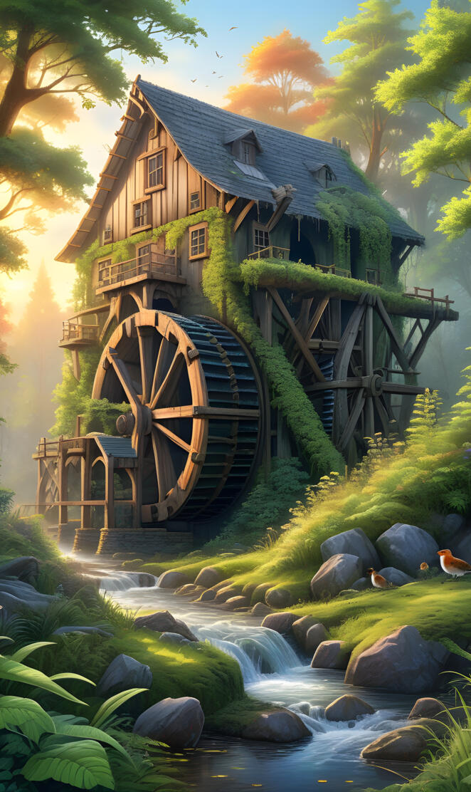 double waterwheel and house