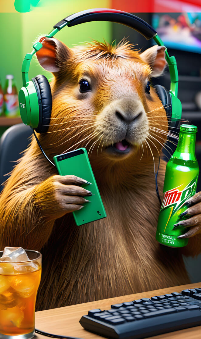 a capybara wearing headphones and holding a bottle of Mt dew