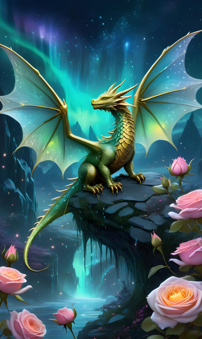 Dragon Admiring Northern Lights