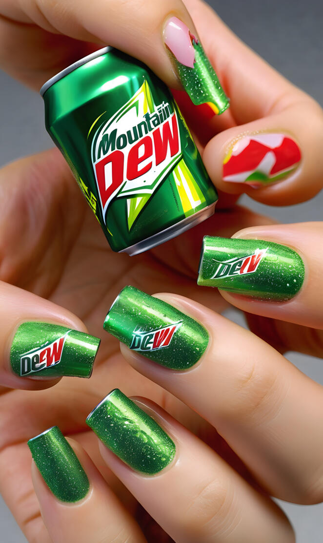 tiny mountain dew can, lady's hand, finger nails, mountain dew, green