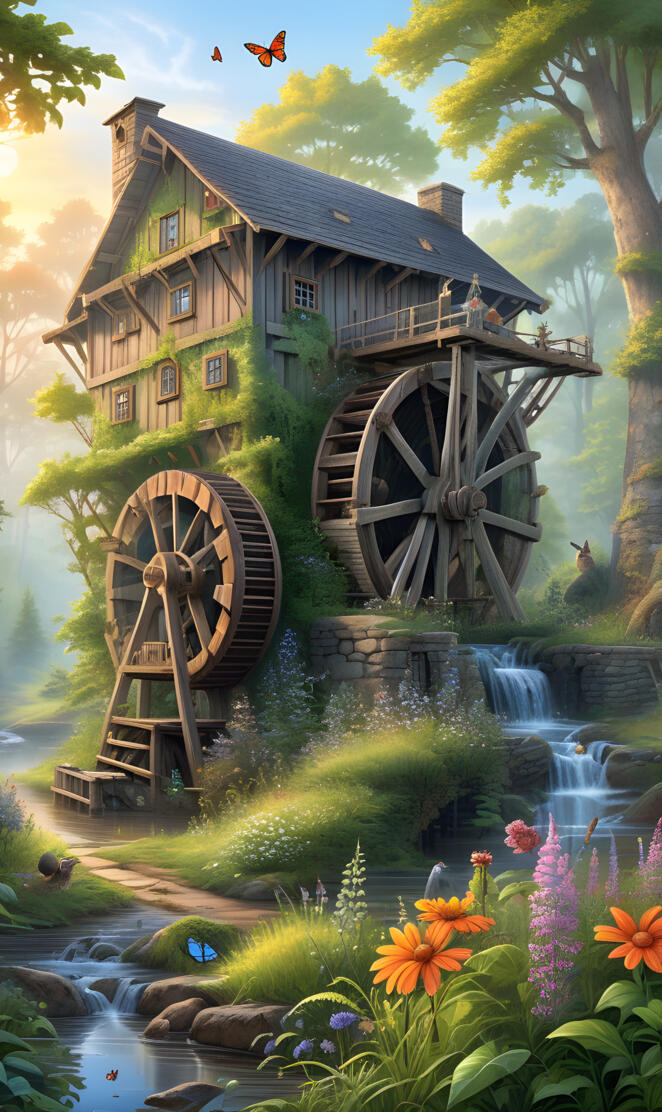 tow water wheels and house