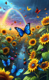 rainbow and sunflowers, lady bugs and butterflies