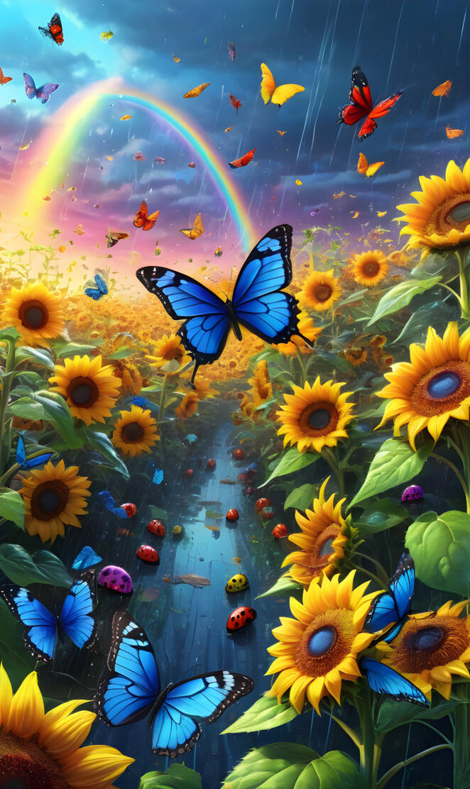rainbow and sunflowers, lady bugs and butterflies